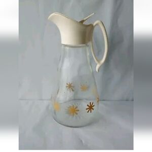 Vintage Log Cabin Syrup Dispenser Pitcher Clear Glass Gold Star Burst